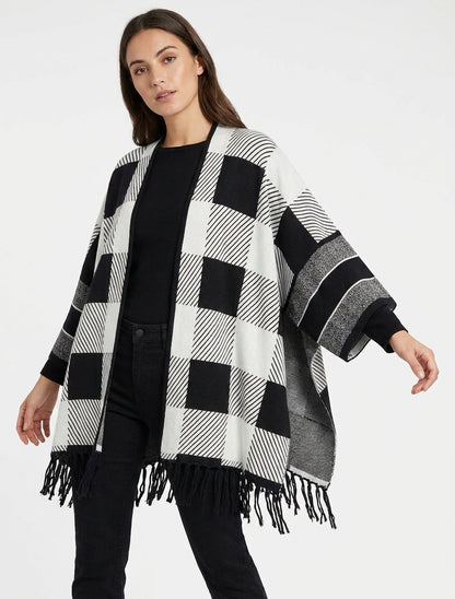 Poncho con stampa grafica e frange - Bianco