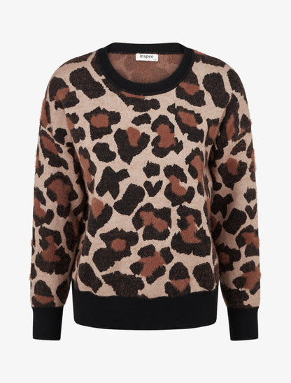 Pull à col rond et imprimé léopard - Camel - 1