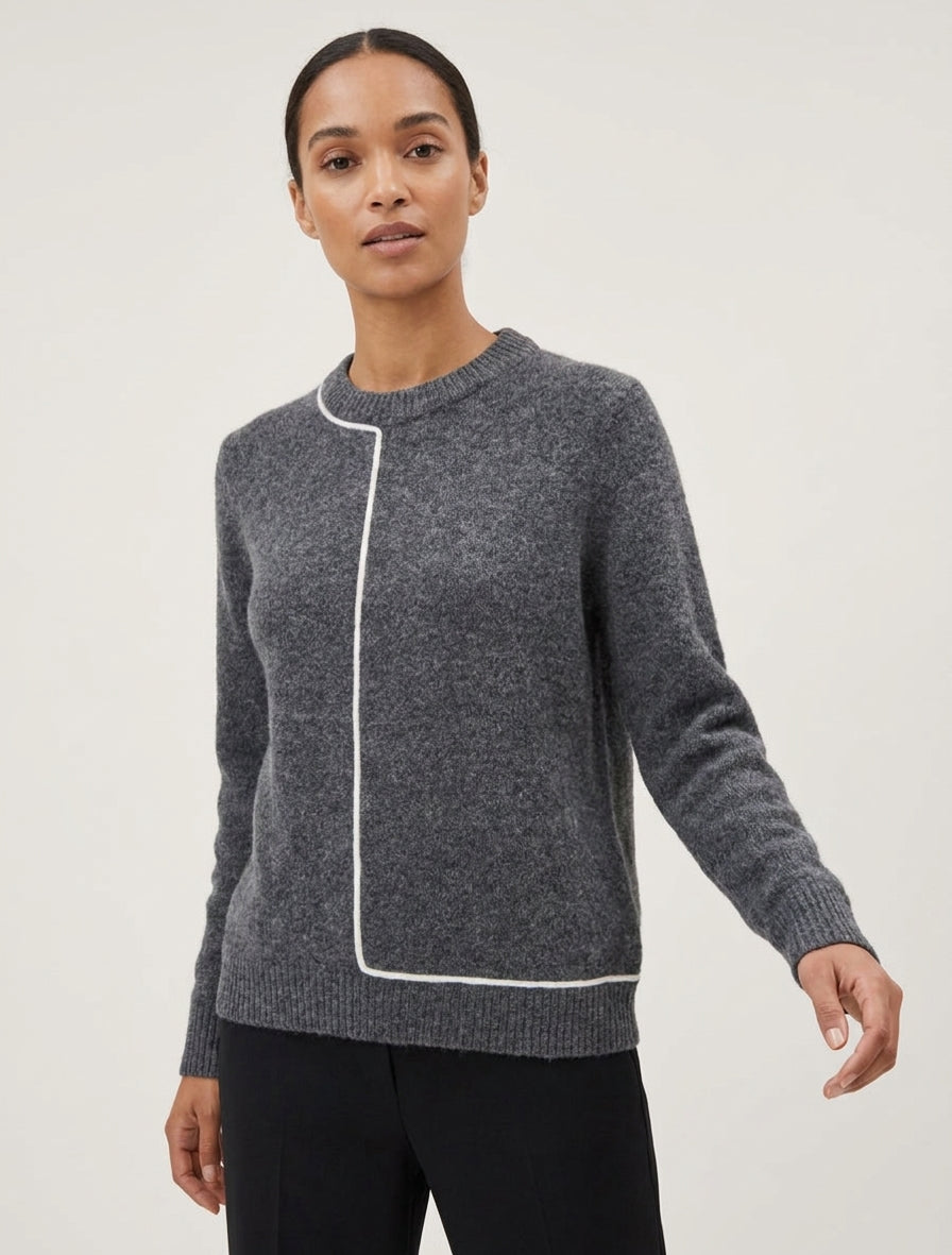 Maglione in misto lana con collo rotondo e bordo a contrasto. - Grigio