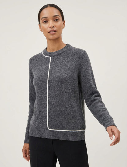 Maglione in misto lana con collo rotondo e bordo a contrasto. - Grigio
