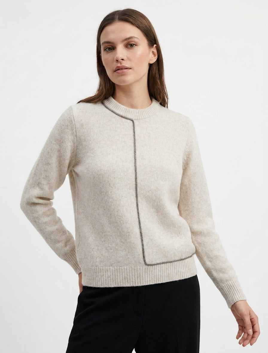 Maglione in misto lana con collo rotondo e bordo a contrasto. - Beige