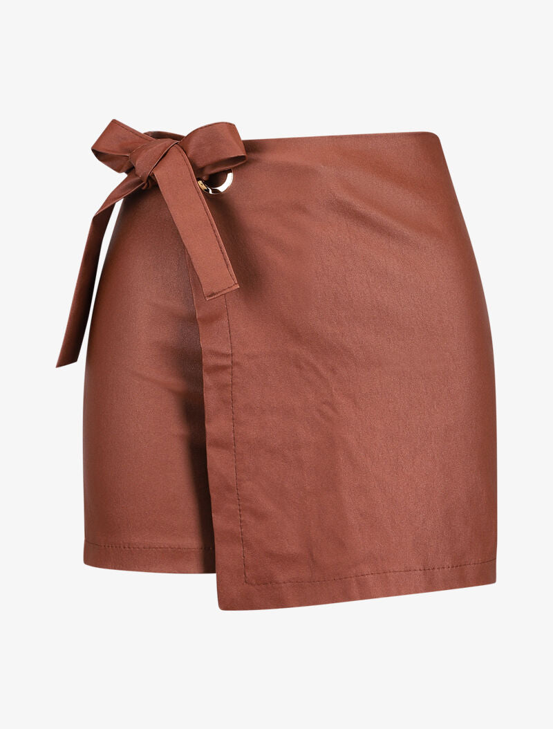 Short style jupe portefeuille en simili - Marron - 1