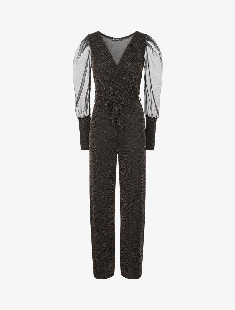 Combinaison flare à manches en tulle - Or - 1