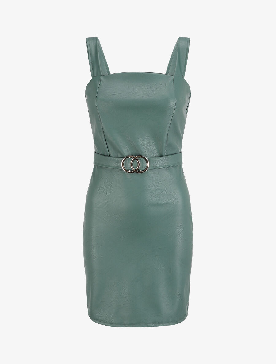 Robe en simili à taille marquée - Vert bouteille - 1