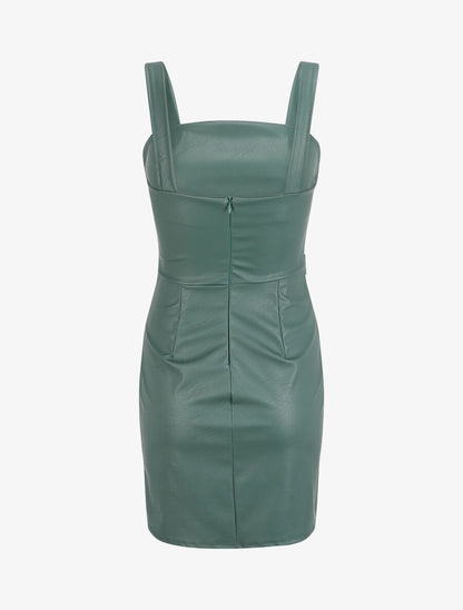 Robe en simili à taille marquée - Vert bouteille - 2