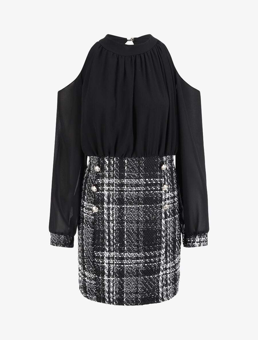 Robe bi-matière à épaules dénudées - Noir - 4