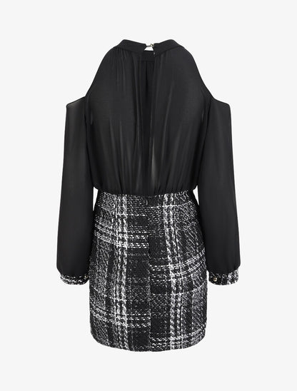 Robe bi-matière à épaules dénudées - Noir - 2