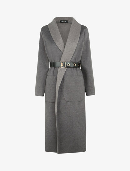 Manteau long et duveteux à col châle - Gris - 1