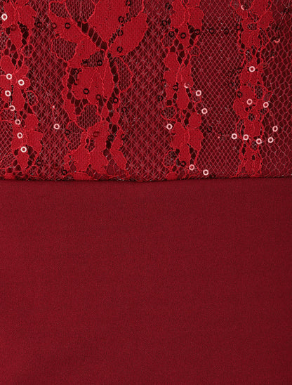 Robe à col montant et buste en dentelle et sequins - Bordeaux - 4