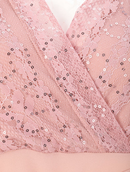 Robe empire à buste en dentelle et sequins - Rose poudré - 3