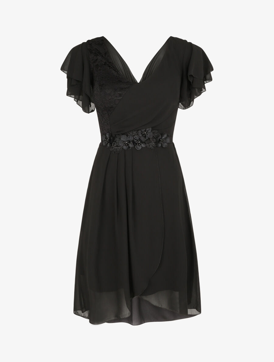 Robe à manches volantées et détail fleurs et strass - Noir - 4