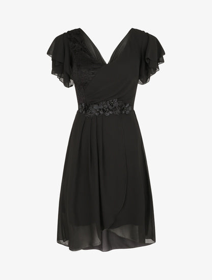 Robe à manches volantées et détail fleurs et strass - Noir - 4