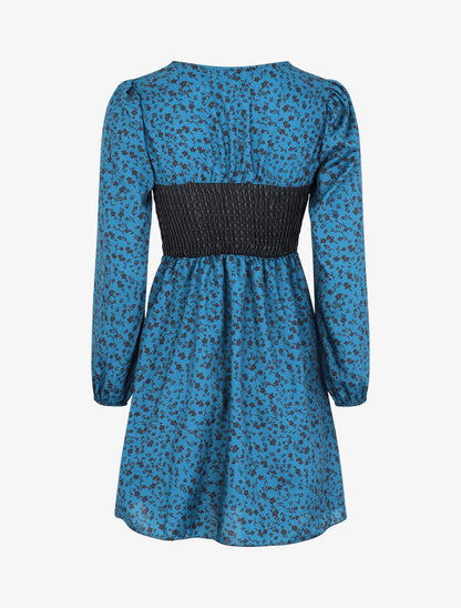 Robe à buste en simili et imprimé petites fleurs - Bleu canard - 2