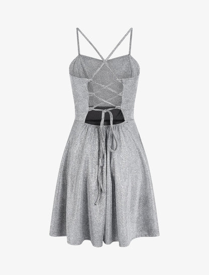 Robe patineuse à paillettes et dos à corset - Argent - 2