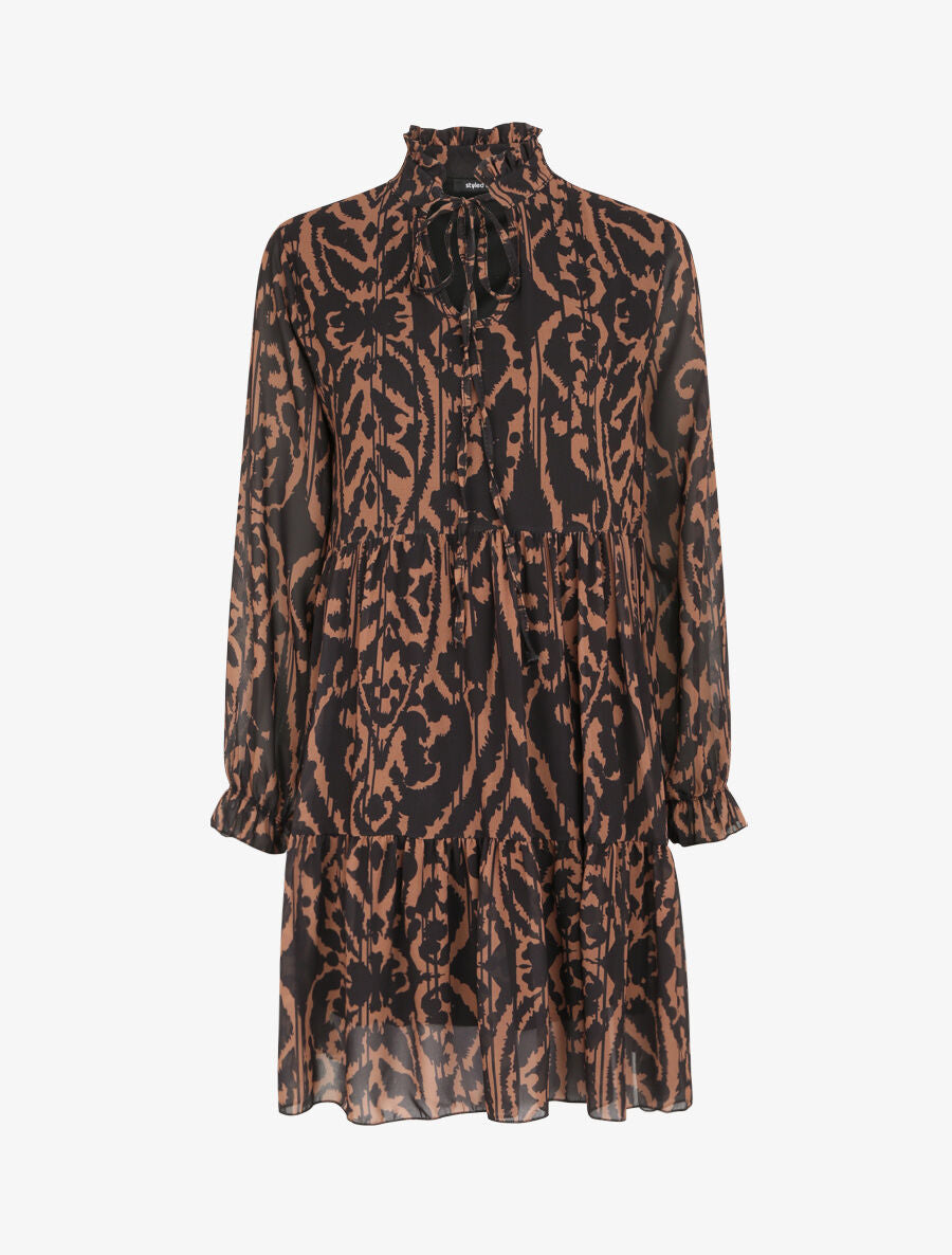 Robe à col volanté et imprimé baroque stylisé - Camel - 1