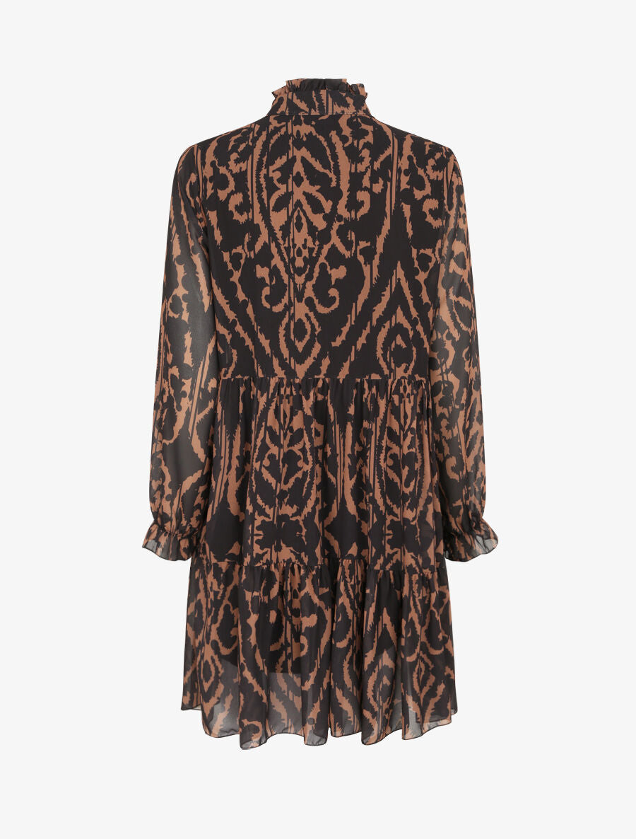 Robe à col volanté et imprimé baroque stylisé - Camel - 2