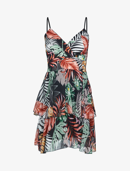 Robe à imprimé tropical et volants - Noir - 4