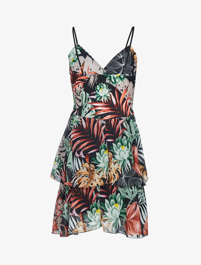 Robe à imprimé tropical et volants - Noir - 3