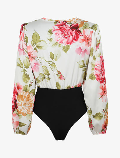 Body satiné cache-coeur imprimé pivoines - Blanc - 2