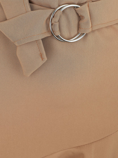 Jupe courte coupe patineuse à taille élastiquée - Camel - 3