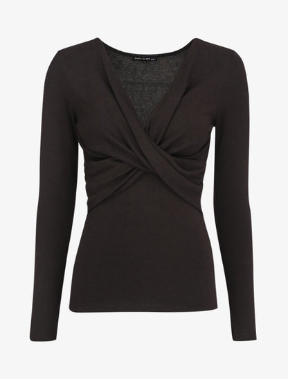 Pull fin à encolure cache-coeur effet drapé - Noir - 1