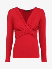 Pull fin à encolure cache-coeur effet drapé - Rouge - 1