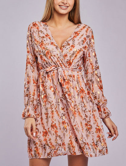 Robe fleurie lamée à col cache-coeur - Rose - 5