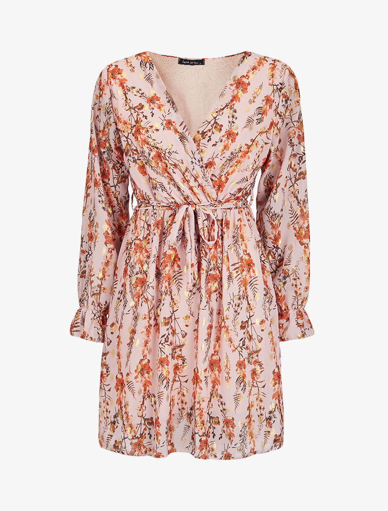 Robe fleurie lamée à col cache-coeur - Rose - 2