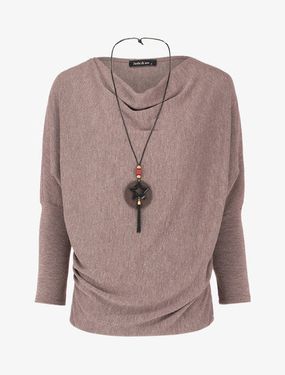 Pull fin à col bénitier et manches dolman - Taupe - 1