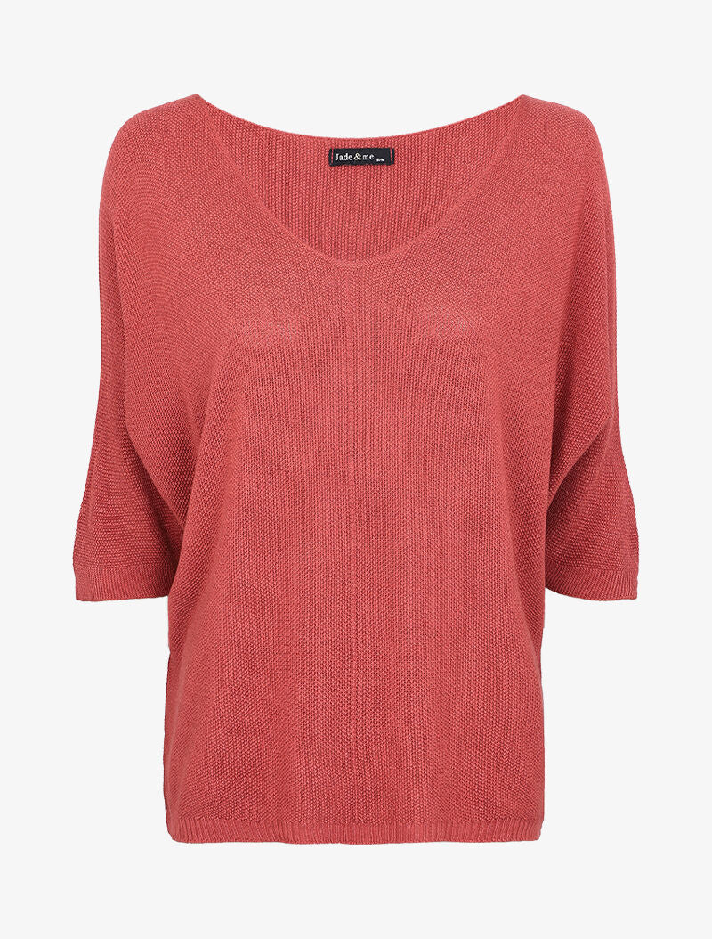 Pull loose en maille fine à manches 3/4 - Rose foncé - 1