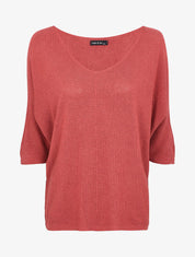 Pull loose en maille fine à manches 3/4 - Rose foncé - 1