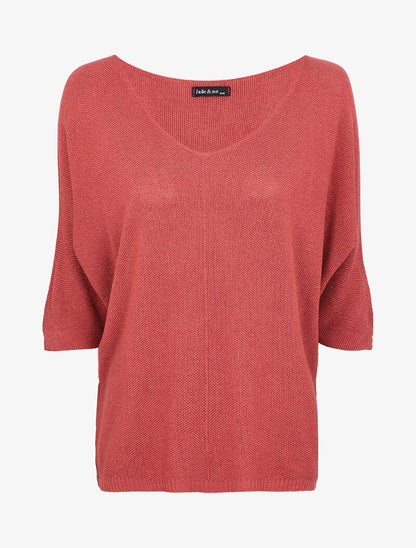 Pull loose en maille fine à manches 3/4 - Rose foncé - 1