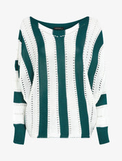 Pull oversize chauve-souris en maille ajourée - Vert/blanc - 4