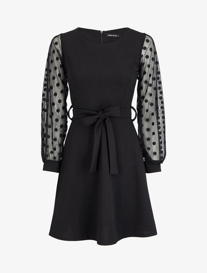 Robe patineuse à manches en voile à pois - Noir - 2