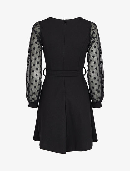 Robe patineuse à manches en voile à pois - Noir - 3