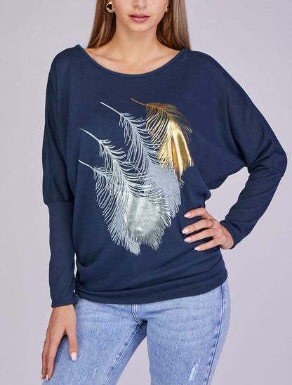 Top manches dolman à motifs plumes - Marine - 1