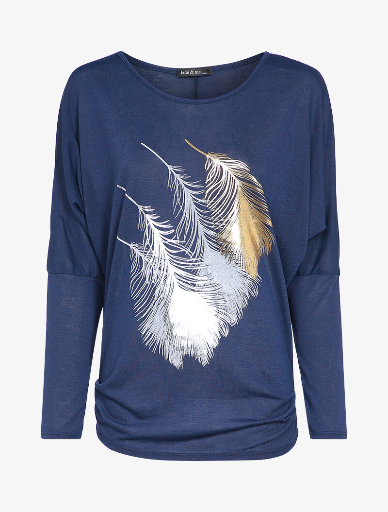 Top manches dolman à motifs plumes - Marine - 2