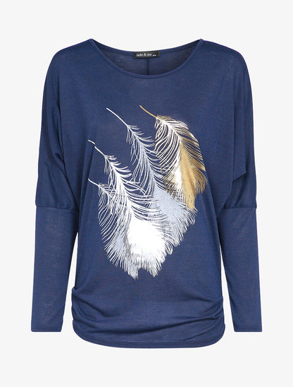 Top manches dolman à motifs plumes - Marine - 2