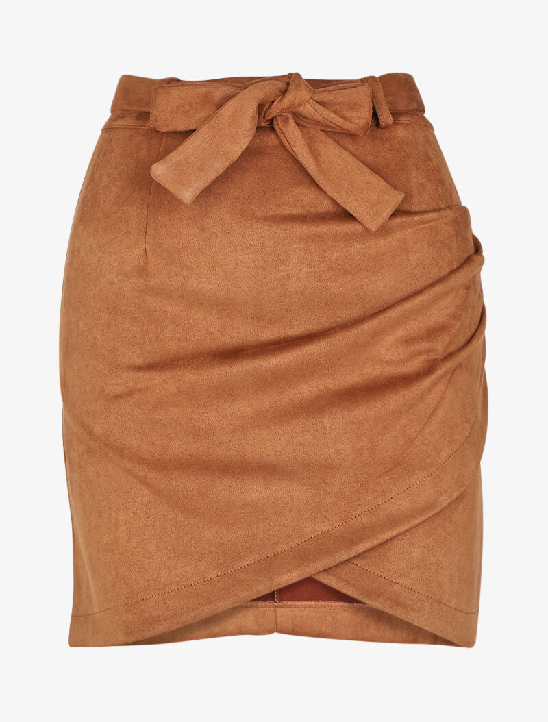 Jupe en suédine drapée style portefeuille - Camel - 1