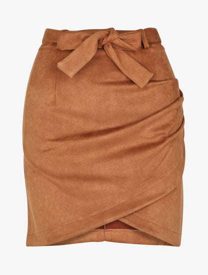 Jupe en suédine drapée style portefeuille - Camel - 1