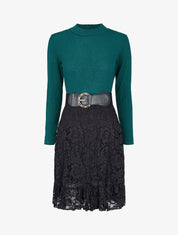 Robe pull en maille fine et dentelle - Vert - 1
