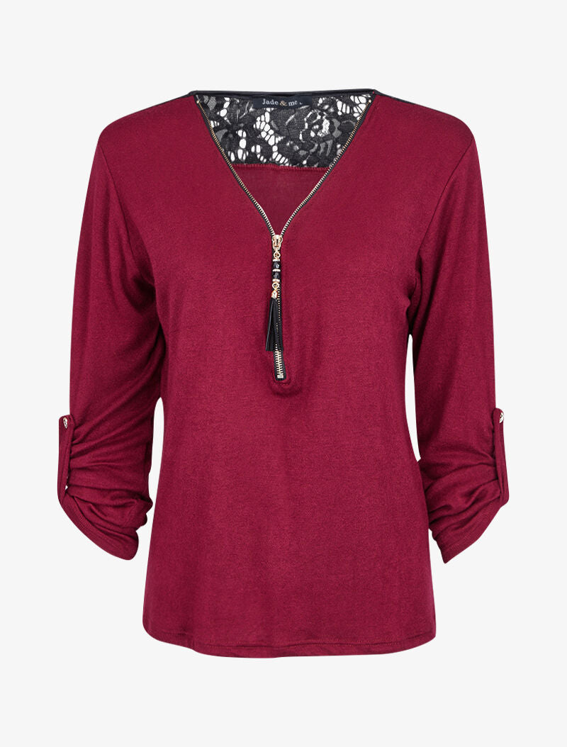 Pull à col zippé et à épaules dentelle - Bordeaux - 2