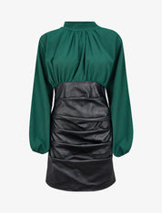 Robe bi-matière drapée à col montant - Vert sapin - 4
