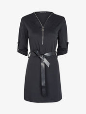 Robe à col V zippé et manches longues retroussables - Noir - 1