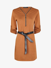 Robe à col V zippé et manches longues retroussables - Camel - 4
