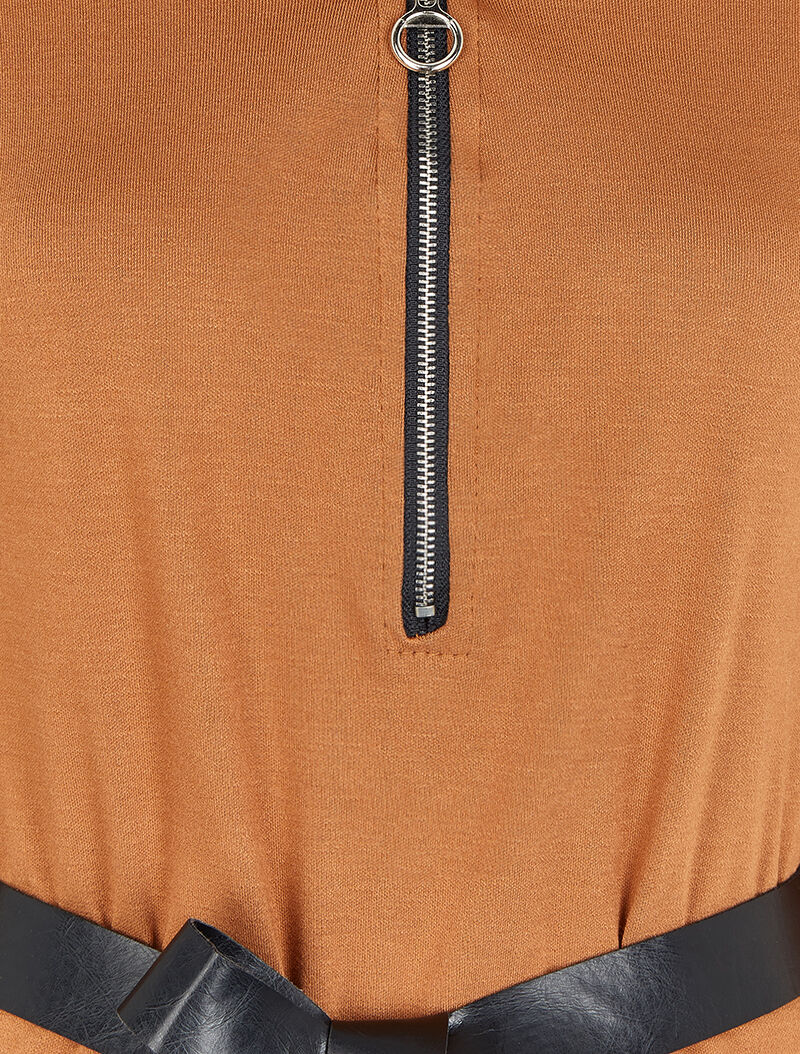 Robe à col V zippé et manches longues retroussables - Camel - 3