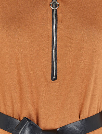 Robe à col V zippé et manches longues retroussables - Camel - 3