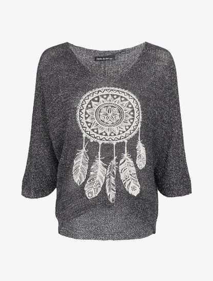 Pull oversize en maille crochet imprimé - Noir - 1
