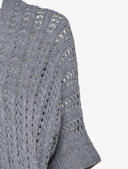 Gilet mi-long en maille ajourée à manches courtes style kimono - Gris foncé - 3