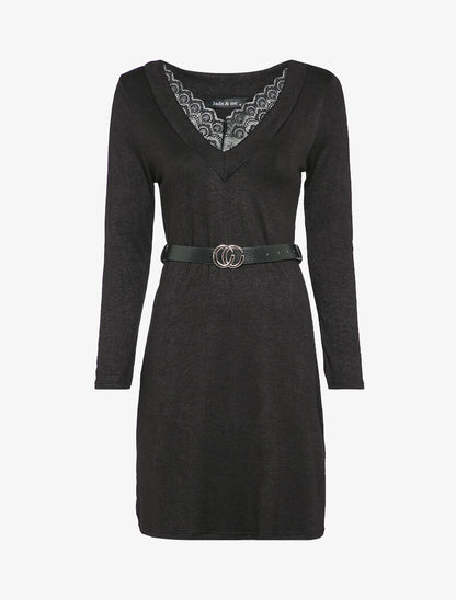 Robe pull à col V en dentelle - Noir - 1
